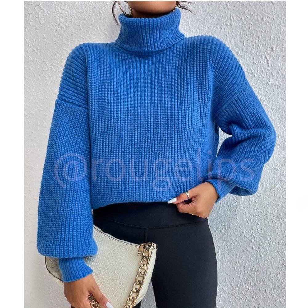 Blue Turtleneck Knit Pullover Sweater Long Sleeve